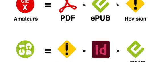 Image représentant deux façons de travailler avec les livres numériques. Une bonne façon et une mauvaise façon qui réintègre des erreurs dans les contenus. Ne jamais convertir un ePub à partir d'un PDF.