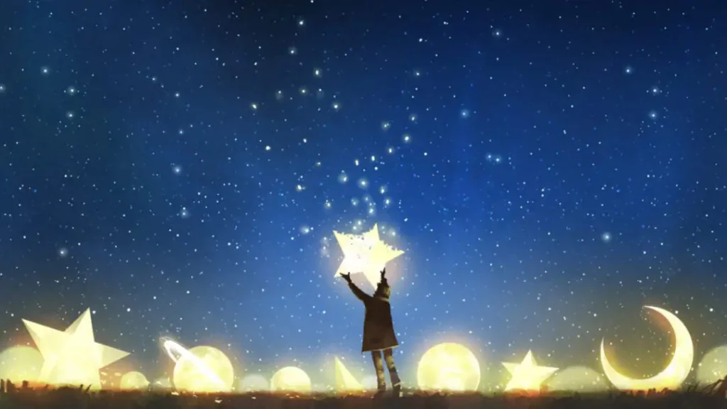 Une superbe scène inspirante d'une nuit étoilée, réalisé en peinture numérique, représentant un jeune garçon entouré de planètes lumineuses, qui accède et décroche une étoile du bout de ses bras.