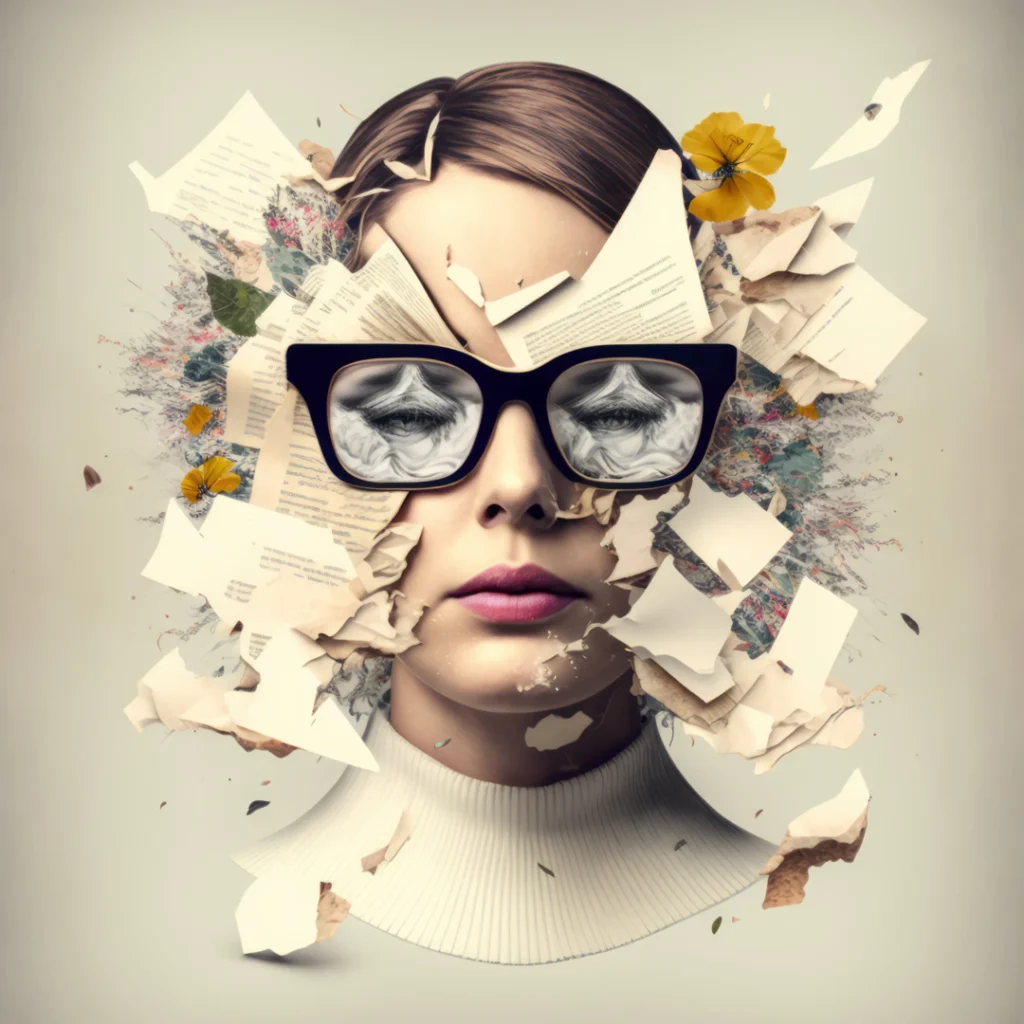 Œuvre artistique représentant une Jeune femme blanche aux cheveux brun ayant les yeux fermés, avec des morceaux de pages de livres déchirées composant une mosaïque florale et colorée entre son visage et ses lunettes noires.