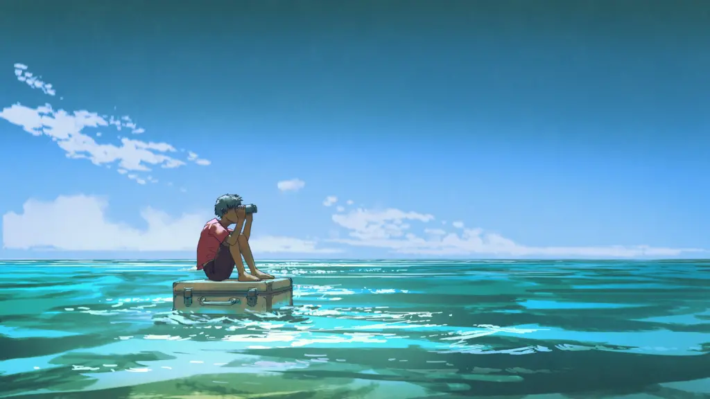 Une peinture artistique numérique, illustrant un garçon assis sur une valise, flottant sur l'océan, en train d'observer au loin avec des jumelles.