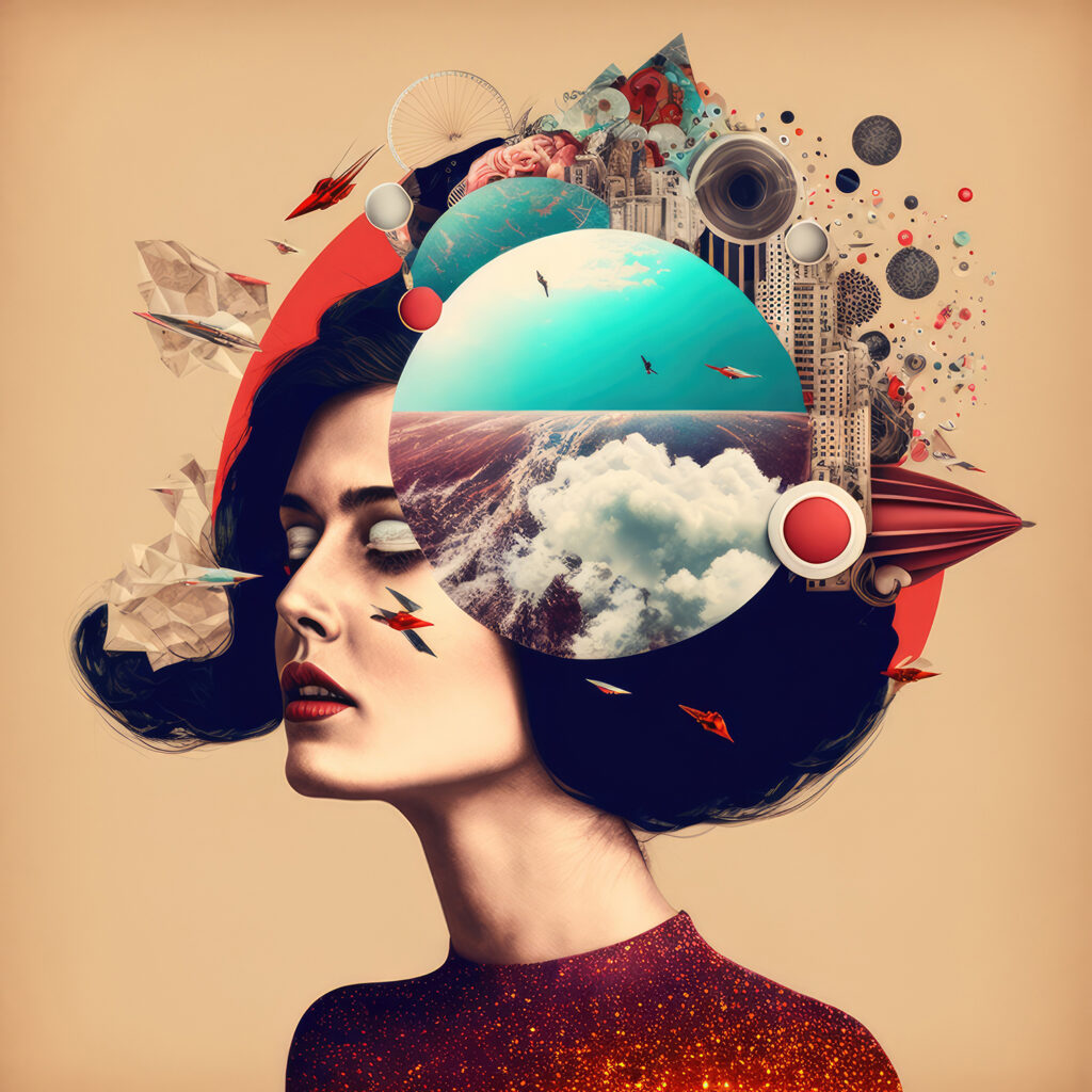 Image créée par IA représentant une femme avec plusieurs idées qui jaillissent de sa tête. Un design très graphique et contemporain.
